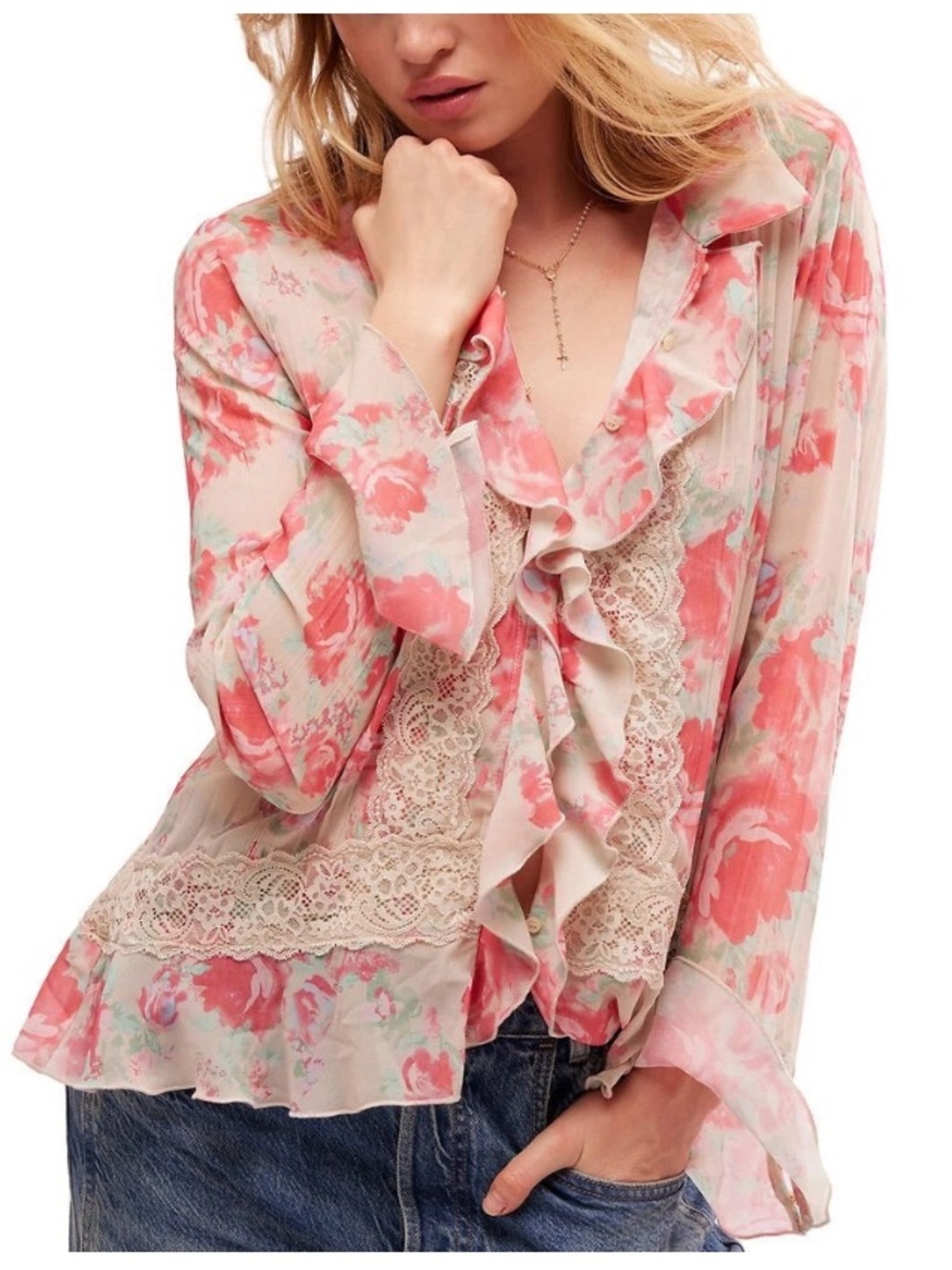 Free People Bad At Love Long Sleeve Floral Lace Ruffle Y2K Blouse Pink Size XL